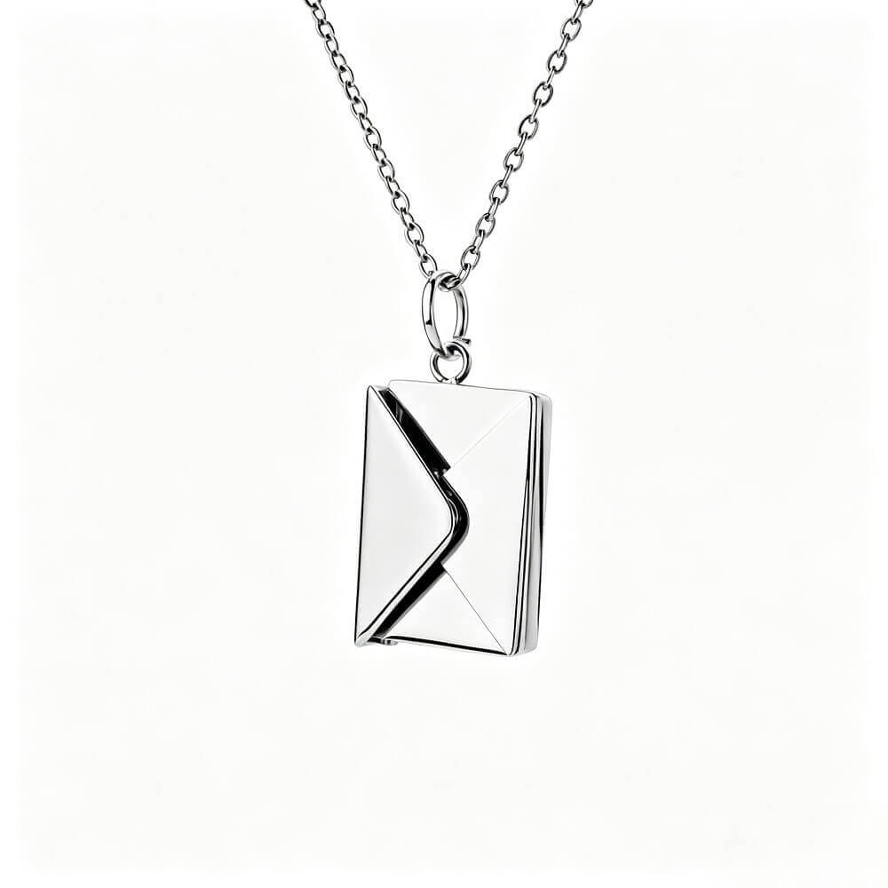 High-quality silver envelope necklace locket with a sleek polished finish on a dainty chain.