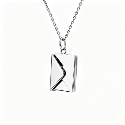 High-quality silver envelope necklace locket with a sleek polished finish on a dainty chain.