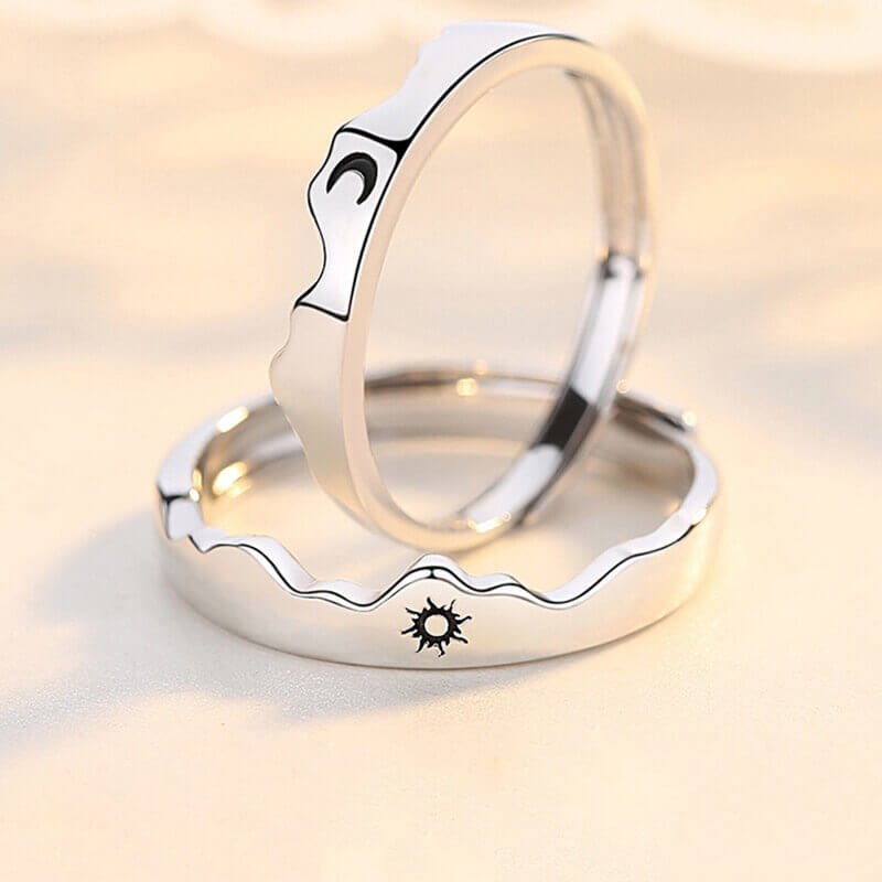 Couple Rings Silver Set with Sun Moon Mountain Sea