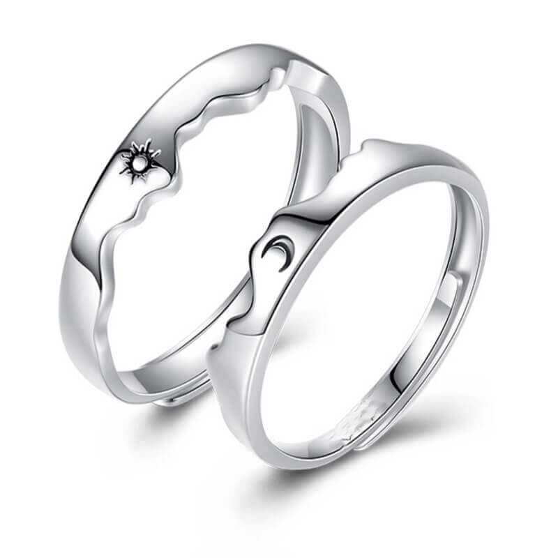Couple Rings Silver Set with Sun Moon Mountain Sea