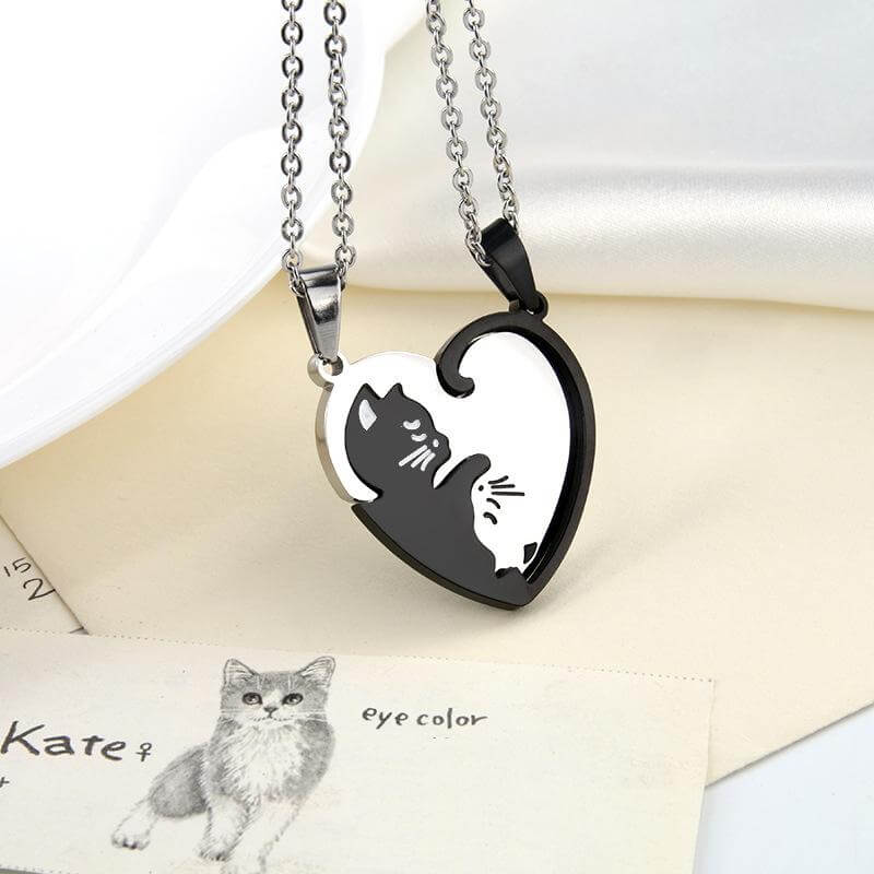 cat heart couple necklace