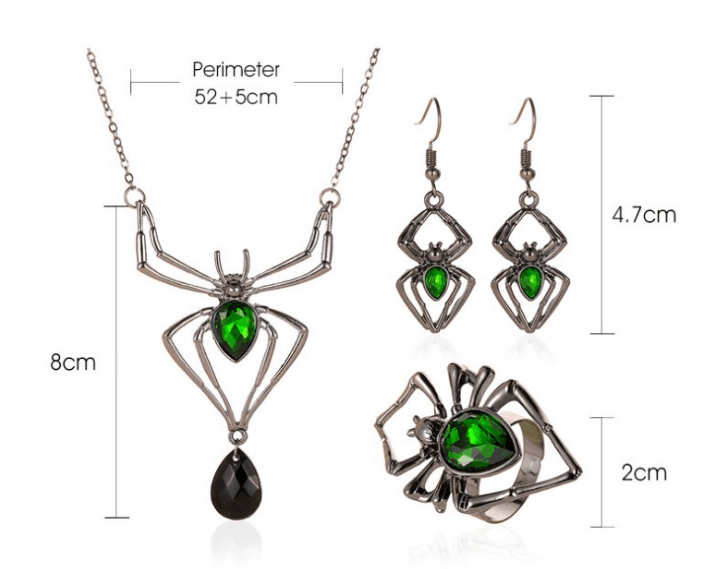 Spider Necklace Earring Ring Retro Emerald Set