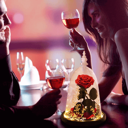 Beauty and the Beast Rose in Glass with Lights, for Christmas Valentine's Day